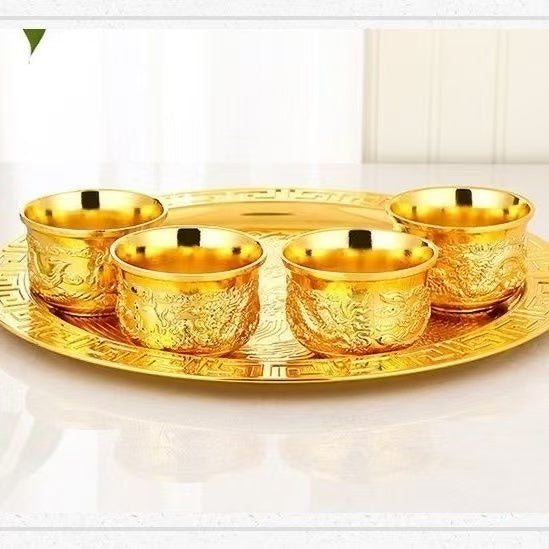 High-end gilded Vietnamese sand gold tea set Chinese-style set 1 tray, 1 pot, 4 cups, gold-plated tea cups, an excellent gift for making tea
